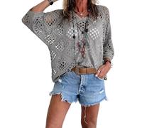 Jeeeun Bohemian Crochet Tops for Women V-Neck Loose Hollow out Summer Beach Cover Up Casual Knit Blouse (Gray,4XL)
