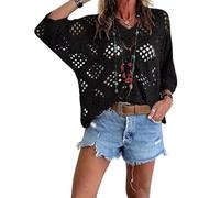 Jeeeun Bohemian Crochet Tops for Women V-Neck Loose Hollow out Summer Beach Cover Up Casual Knit Blouse (Black,S)