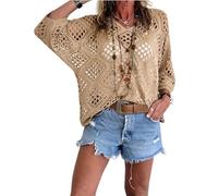 Jeeeun Bohemian Crochet Tops for Women V-Neck Loose Hollow out Summer Beach Cover Up Casual Knit Blouse (Apricot,5XL)