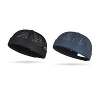 Jeeeun Brimless Hats for Men, Adjustable Breathable Mesh Docker Cap, Lightweight Summer Outdoor Daily Street Wear (Black+Navy Blue)