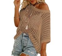 Jeeeun Crochet Tops for Women UK, out Oversized Knitted Cover Up Sweater Lightweight Baggy Hollow out Pullover (Khaki,S)