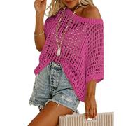 Jeeeun Crochet Tops for Women UK, out Oversized Knitted Cover Up Sweater Lightweight Baggy Hollow out Pullover (Rose Red,XXL)