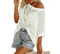 Jeeeun Crochet Tops for Women UK, out Oversized Knitted Cover Up Sweater Lightweight Baggy Hollow out Pullover (White,XL)