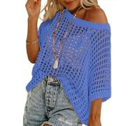 Jeeeun Crochet Tops for Women UK, out Oversized Knitted Cover Up Sweater Lightweight Baggy Hollow out Pullover (Blue,L)