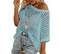 Jeeeun Crochet Tops for Women UK, out Oversized Knitted Cover Up Sweater Lightweight Baggy Hollow out Pullover (Light Blue,L)