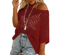 Jeeeun Crochet Tops for Women UK, out Oversized Knitted Cover Up Sweater Lightweight Baggy Hollow out Pullover (Wine Red,S)