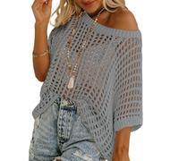 Jeeeun Crochet Tops for Women UK, out Oversized Knitted Cover Up Sweater Lightweight Baggy Hollow out Pullover (Gray,L)
