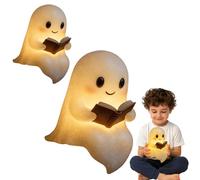 Jeeeun Cute Ghost Reading Book Lamp - New Halloween Glow Ghost Lamp Night Light, Kawaii Ghosts Lamps with Book, Mini Figurine Ornaments for Bedroom Study Room and Love Reading Kids (5.9+8.6 inch)