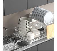 Jeeeun Dish Drying Rack - 2 Tier Dish Drying Rack, Extra Large Dishes Dry Rack with Drainboard, Dishes Strainers for Kitchen Counter with Utensil Holder and Knife Slots, Space-Saving (White)