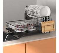 Jeeeun Dish Drying Rack - 2 Tier Dish Drying Rack, Extra Large Dishes Dry Rack with Drainboard, Dishes Strainers for Kitchen Counter with Utensil Holder and Knife Slots, Space-Saving (Black)