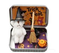 Jeeeun Halloween Teddy Bear in a Box for Trick or Treat, Mini Witch Bear in Box with Wizard Hat Broom Pumpkin & Cat Decor (White)