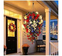 Jeeeun Patriotic Hanging Flower Baskets, Red White and Blue Hanging Flowers Basket with Led Lights, Red White and Blue Artificial Flowers for Patio Home (Without Light)