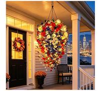 Jeeeun Patriotic Hanging Flower Baskets, Red White and Blue Hanging Flowers Basket with Led Lights, Red White and Blue Artificial Flowers for Patio Home (with Light)