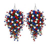 Jeeeun Patriotic Hanging Flower Baskets, Red White and Blue Hanging Flowers with Chain, 50cm Artificial Porch Decor for Patio, Fence, Balcony (2pc Without Light)