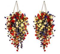 Jeeeun Patriotic Hanging Flower Baskets, Red White and Blue Hanging Flowers with Chain, 50cm Artificial Porch Decor for Patio, Fence, Balcony (2pc with Light)