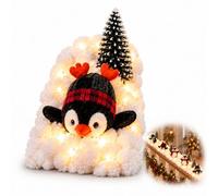 Jeeeun Penguin Christmas Stair Snow Decor with Warm Lights (#E) | Plush penguin, faux snow and mini tree accents for indoor banister displays and cozy holiday home decorating.