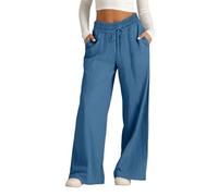 Jeeeun Wide Leg Linen Pants for Women, Casual Summer High Waisted Elastic Drawstring Baggy Lounge Trousers (Blue,XL)