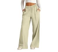 Jeeeun Wide Leg Linen Pants for Women, Casual Summer High Waisted Elastic Drawstring Baggy Lounge Trousers (Light Green,L)