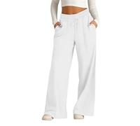 Jeeeun Wide Leg Linen Pants for Women, Casual Summer High Waisted Elastic Drawstring Baggy Lounge Trousers (White,M)