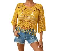 Jeeeun Women Boho Crochet Fringe Cut out Sheer Beach Cover Up Crew Neck 3/4 Sleeve Swimsuit Coverup for Pool Vacation (Yellow,XL)