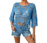 Jeeeun Women Boho Crochet Fringe Cut out Sheer Beach Cover Up Crew Neck 3/4 Sleeve Swimsuit Coverup for Pool Vacation (Blue,XL)
