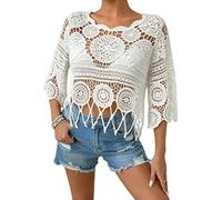 Jeeeun Women Boho Crochet Fringe Cut out Sheer Beach Cover Up Crew Neck 3/4 Sleeve Swimsuit Coverup for Pool Vacation (White,XL)