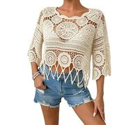 Jeeeun Women Boho Crochet Fringe Cut out Sheer Beach Cover Up Crew Neck 3/4 Sleeve Swimsuit Coverup for Pool Vacation (Apricot,L)