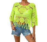 Jeeeun Women Boho Crochet Fringe Cut out Sheer Beach Cover Up Crew Neck 3/4 Sleeve Swimsuit Coverup for Pool Vacation (Light Green,S)