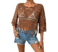 Jeeeun Women Boho Crochet Fringe Cut out Sheer Beach Cover Up Crew Neck 3/4 Sleeve Swimsuit Coverup for Pool Vacation (Brown,M)