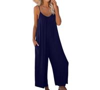 Jeeeun Women Casual Wide Leg Jumpsuit Sleeveless Vacation Outfit One Piece Romper with Pockets (Dark Blue,S)