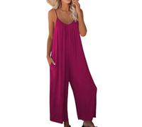 Jeeeun Women Casual Wide Leg Jumpsuit Sleeveless Vacation Outfit One Piece Romper with Pockets (Rose Red,L)