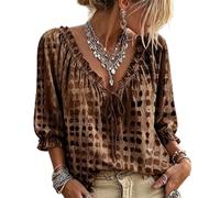 Jeeeun Women V Neck Polka Dot Lace Up 3/4 Sleeve Blouse Loose Flowy Casual Summer Work Vacation Top (Dark Brown,M)