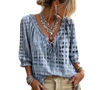 Jeeeun Women V Neck Polka Dot Lace Up 3/4 Sleeve Blouse Loose Flowy Casual Summer Work Vacation Top (Blue,M)