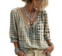 Jeeeun Women V Neck Polka Dot Lace Up 3/4 Sleeve Blouse Loose Flowy Casual Summer Work Vacation Top (Beige,XL)