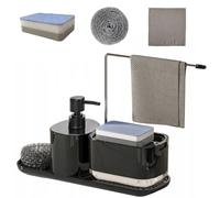 JeeLeeKo Dispensador Jabon Cocina Negro,Dosificador Jabon Cocina 7 en 1,con Bandeja y Soporte para Esponja, detergente Recargable,Organizador Fregadero Cocina