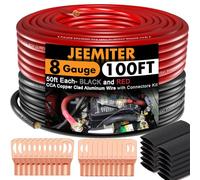 Jeemiter Kit de cables CCA de 8 AWG, 100 pies en total (50 pies rojo y 50 pies negro) | Cable de alimentación y tierra completo para audio de coche, RV, solar | Incluye lengüetas y tubo