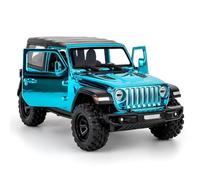 Jeep Wrangle Rubicon - Coche de juguete a escala 1:32 - Modelo de fundición a presión con efectos de sonido y luz y función de tirón trasero, juguete para niños a partir de 3 años, color azul