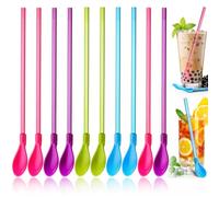 Jeffdad 10 cucharas de pajilla de plástico, cuchara de paja de colores 2 en 1, reutilizables, desmontables, para batidos, cócteles, café y bebidas calientes