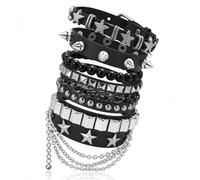 Jeffdad 5 pulseras punk tachonadas, pulseras ajustables de piel sintética | Juego de pulseras góticas de los años 80, estilo grunge, emo, accesorios punk rock, con tachuelas, para mujeres y hombres