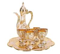 Jeffergarden Juego de té Turco Vintage, Cafetera de Aleación de Zinc con 6 Tazas y Bandeja, Juego de Servicio de Metal Tallado para té, café, Vino, Whisky, Cóctel, Sala de Estar, Bar, Decoración de
