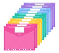 JEFURE Carpetas Plastico A4 10 PCS, Sobres Plastico A4 de 5 Colores, Carpeta Sobre con 11 Agujeros y Cierre a Presión con Solapa, Carpeta Transparente con Etiquetas Bolsillos para Organizar Documentos
