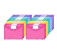 JEFURE Carteras de plástico A4, 20 unidades, carpetas de archivos de plástico impermeables de 11 agujeros, carpetas de documentos con bolsillo para etiquetas y cierre de velcro para organización de