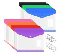 JEFURE Carteras de plástico A4, 21 unidades, bolsillos perforados coloridos, carpetas de plástico expandibles con bolsillo para etiquetas, carpetas de botones y anillos, adecuadas para oficina