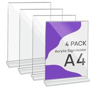 JEFURE Lote de 4 Porta posters en Acrílico A4, Soporte de Mesa en Acrílico, Soporte en Forma de T para Documentos, Porta menús, Presentador para Oficina, Tienda, Restaurante