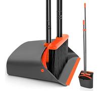 JEHONN Recogedor Plegable y Escoba de Mango Largo de 137 cm, Cepillo Barrer y Recogedor Vertical con Peine Dientes para Interior Casa Cocina Vestíbulo Jardín Oficina Habitación (Negro Naranja)