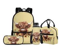 Jeiento Bolsa escolar con diseño de lobo para niños y niñas con lonchera aislada, bolsa para lápices, funda deportiva para botella de agua, juegos de bolsas de libros preescolares, Vaca Highland