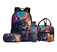 Jeiento Bolsa escolar con diseño de lobo para niños y niñas con lonchera aislada, bolsa para lápices, funda deportiva para botella de agua, juegos de bolsas de libros preescolares, Cabeza de lobo de