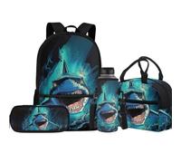 Jeiento Bolsa escolar con diseño de lobo para niños y niñas con lonchera aislada, bolsa para lápices, funda deportiva para botella de agua, juegos de bolsas de libros preescolares, tiburón, Talla