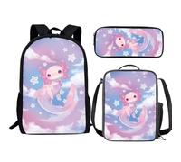 Jeiento Galaxy Wolf - Juego de mochila escolar 3 en 1 con diseño de animales y bolsa para el almuerzo, para niños, mochila de escuela secundaria, Ajolote de dibujos animados con estrellas, Talla única