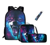 Jeiento Galaxy Wolf - Mochila escolar de 4 piezas con diseño de lobo y fiambrera, bolsa para bolígrafos para niños y niñas, Galaxy Wolf, L, Mochila informal